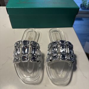 Lauren Lorraine Jade Clear stone Jewel Slide Sandals Size 5.5